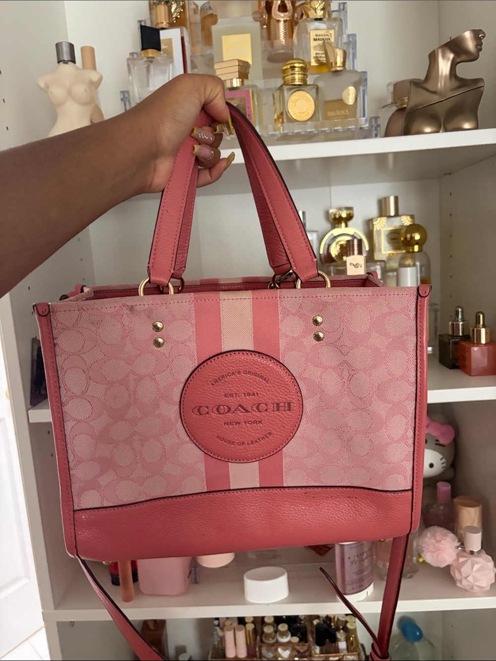 Coach Pink Signature Tote with Leather Trim and Stripe Detail